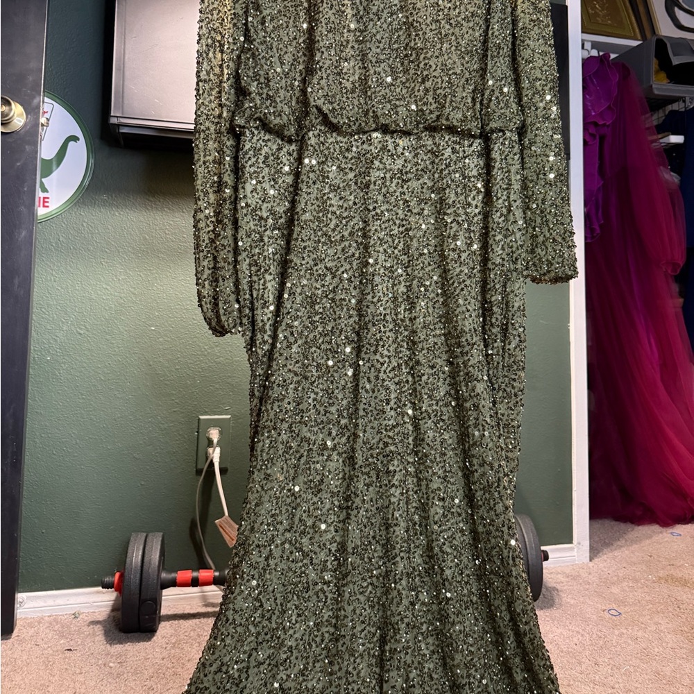 Mac Duggal Sparkling Long Sleeve Olive Green Gown Dress - Picture 2 of 16
